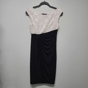 Connected Petite Sequin Lace Sheath Dress Ivory Gold Black Size 4P
